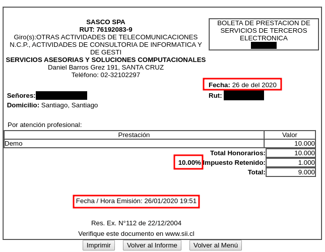 Boleta con tasa de retención 10%